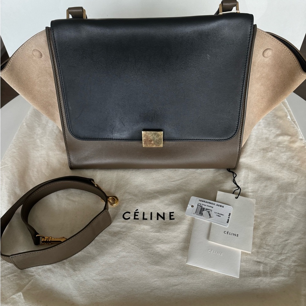 Authentic CÉLINE Tricolor Leather & Suede Trapeze purse